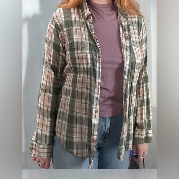 American Eagle Outfitters Tops - M American Eagle BoyFriend Fit Flannel, olive green and light blush pink plaid